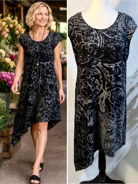 Bryn Walker Black Gray Abstract Asymmetrical Stretch Knot Tunic Dress Sz L🧡